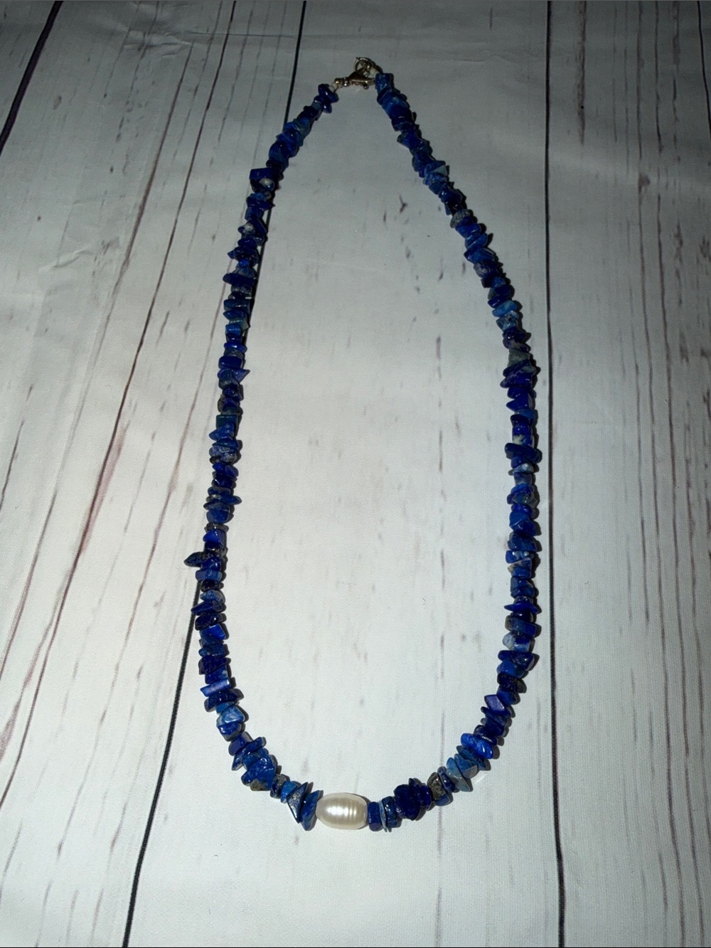 Lapis Chip Necklace with Single Pearl Accent - Deep Blue